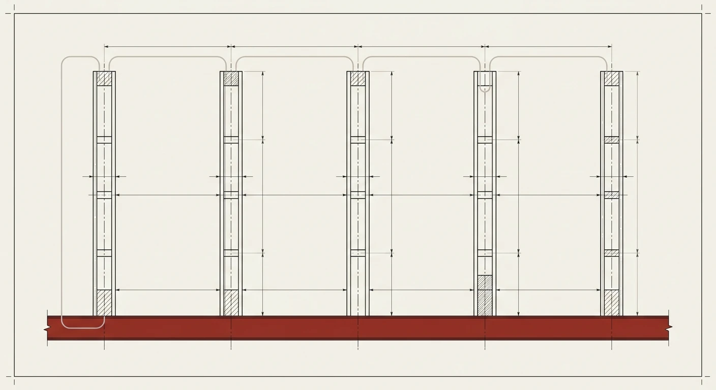 Working drawing: five desks standing on one continuous operating layer, tied to each other and closing back into it.