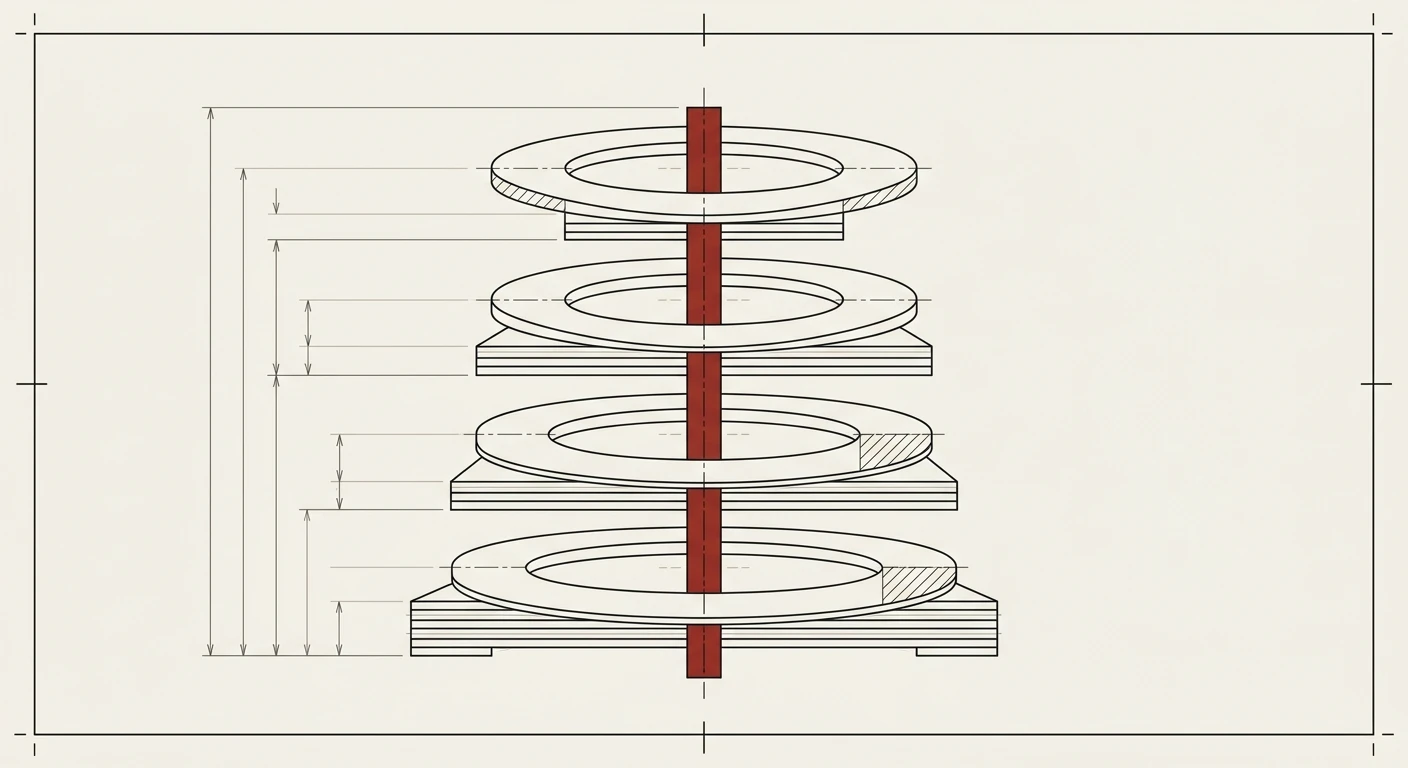 Working drawing: four investment cycles stacked in elevation, each seated on a thicker accumulated base, with one governed axis running through them.
